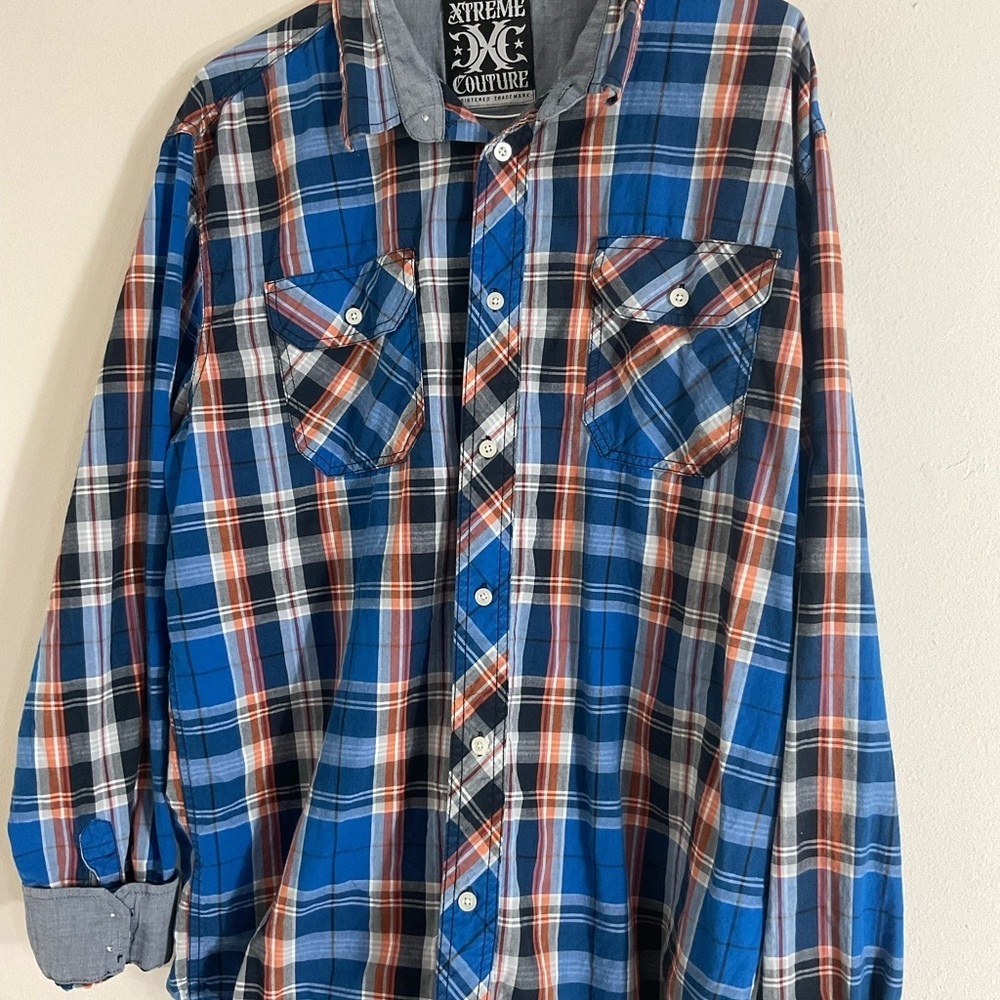 Xtreme Couture 100% Cotton Shirt Mens Size XXL Blue Orange Plaid Button Up - Picture 5 of 9